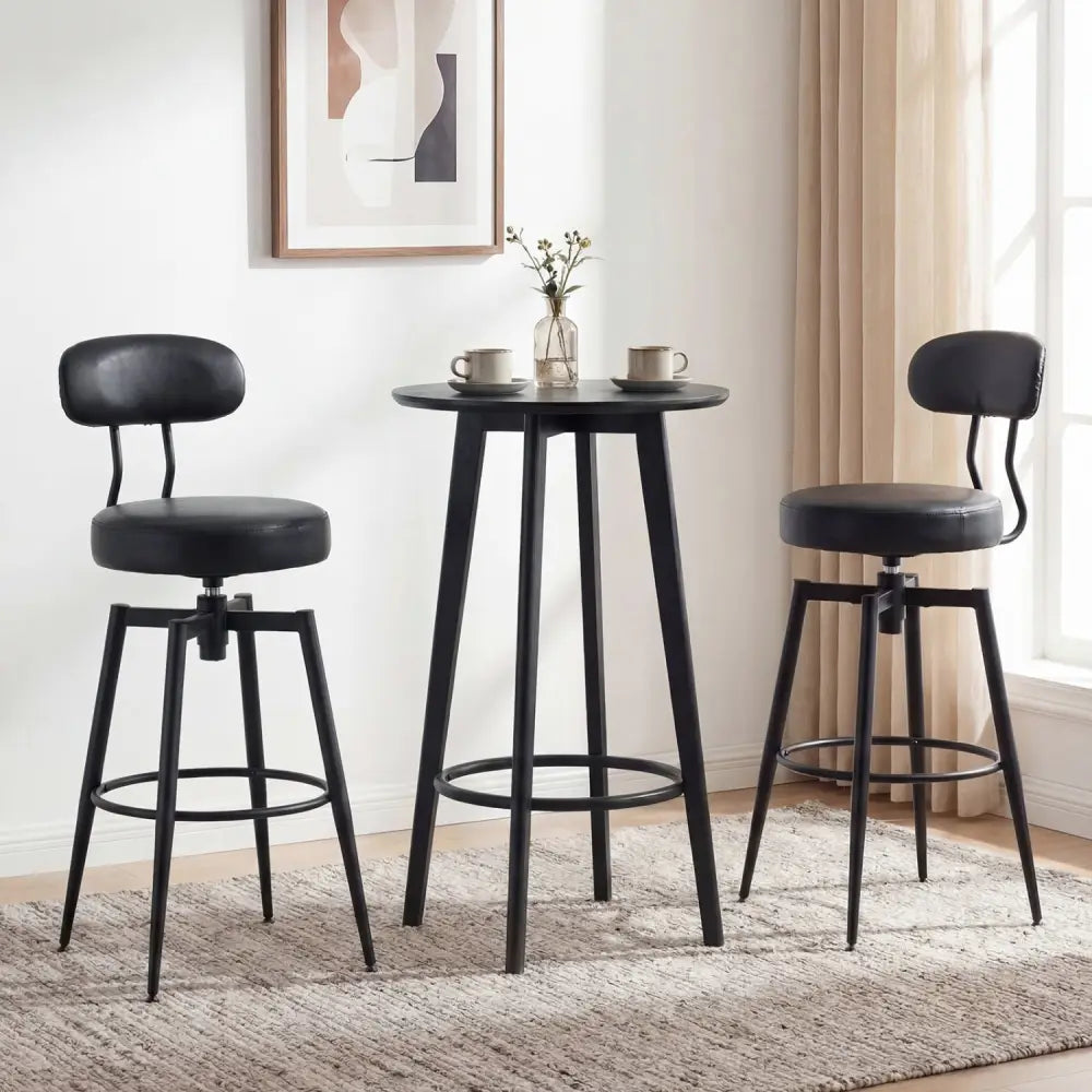 Set of 2 Swivel Barstools Faux Leather with Upholstered Seat and Back-Black - Black - Bar Stools
