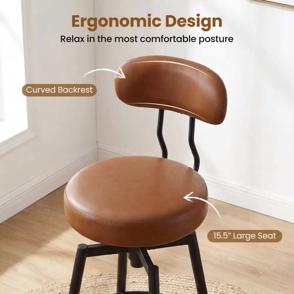 Set of 2 Swivel Barstools Faux Leather with Upholstered Seat and Back-Brown - Brown - Bar Stools