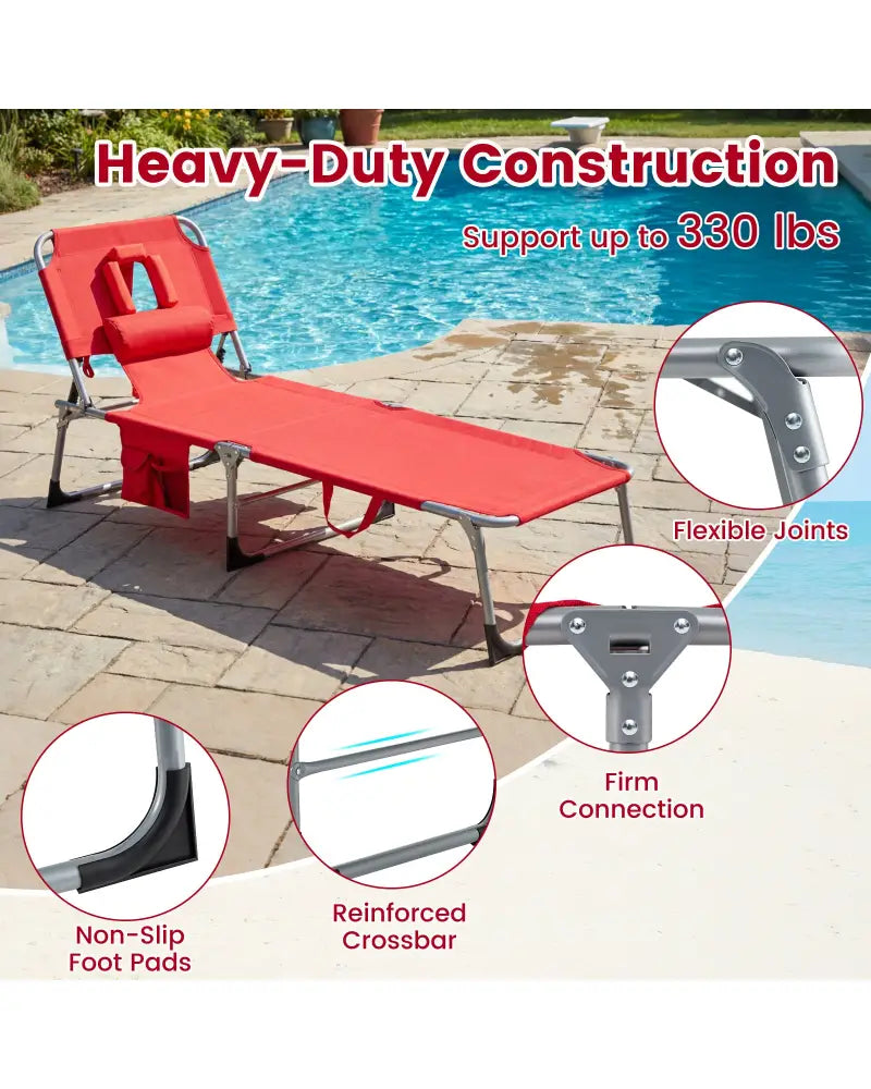 Set of 2 Tanning Chair Portable Chaise Lounge Chair with 4-Position Adjustable Backrest-Red - Red - Outdoor Chaise