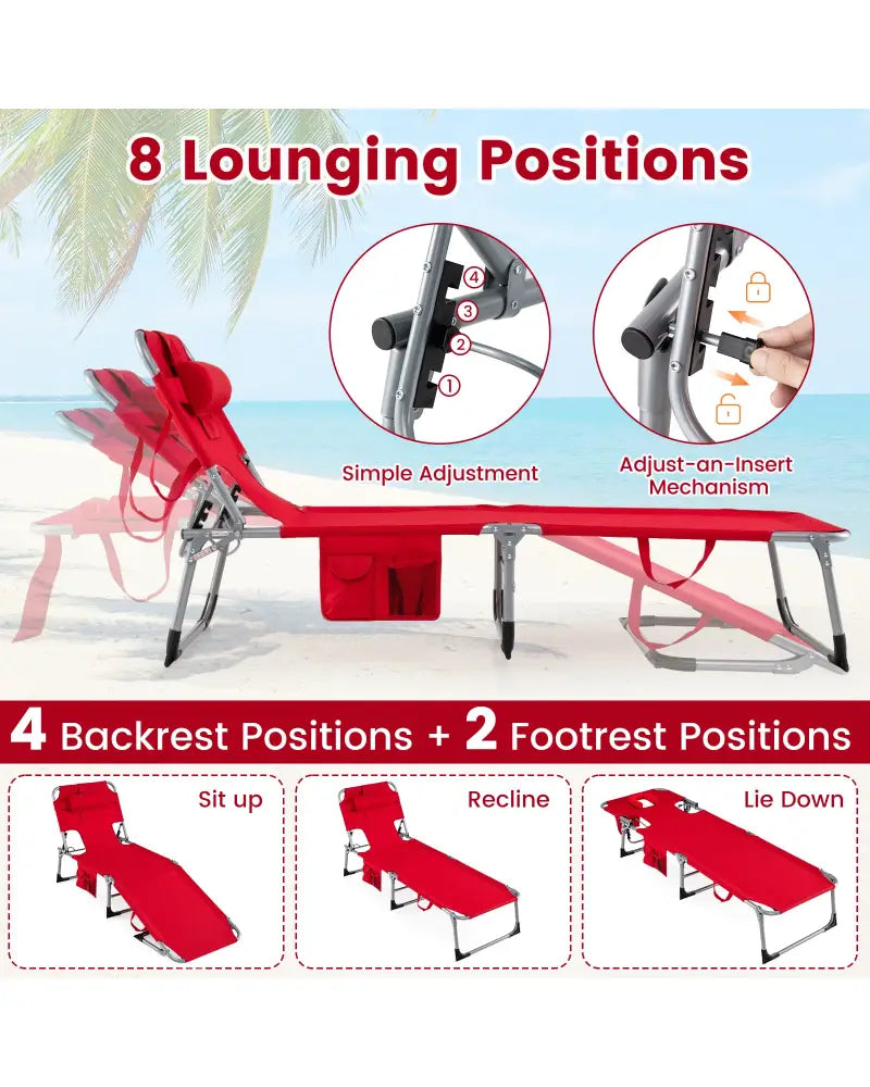 Set of 2 Tanning Chair Portable Chaise Lounge Chair with 4-Position Adjustable Backrest-Red - Red - Outdoor Chaise