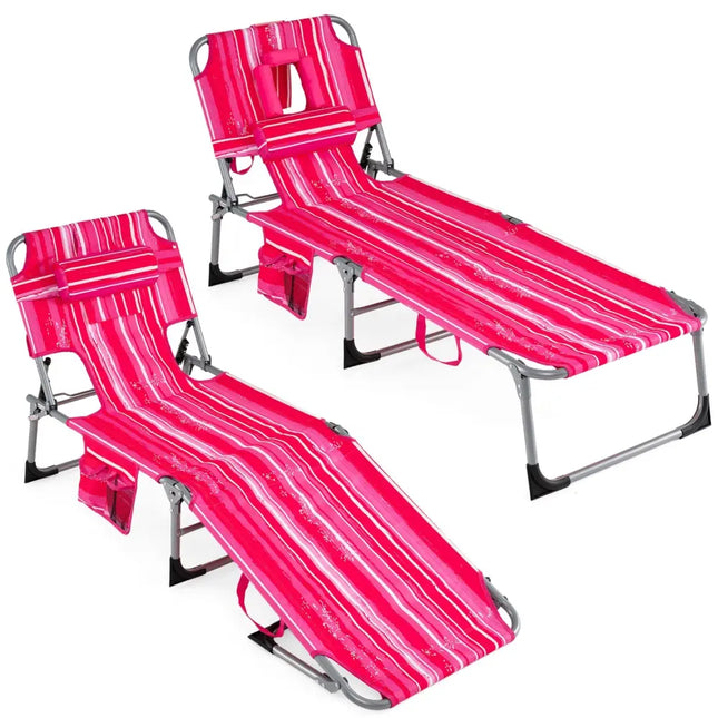 Set of 2 Tanning Chair Portable Chaise Lounge Chair with 4-Position Adjustable Backrest-Pink Stripe - Pink Stripe