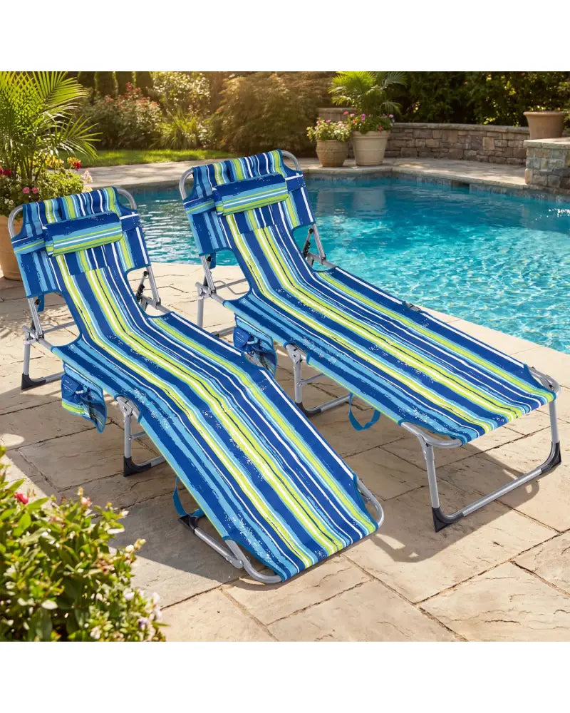 Set of 2 Tanning Chair Portable Chaise Lounge Chair with 4-Position Adjustable Backrest-Turquoise - Multicolor