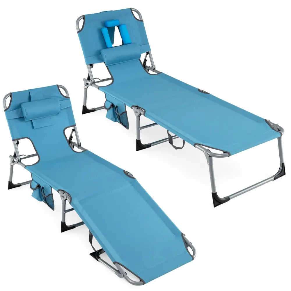 Set of 2 Tanning Chair Portable Chaise Lounge Chair with 4-Position Adjustable Backrest-Navy - Navy - Outdoor Chaise