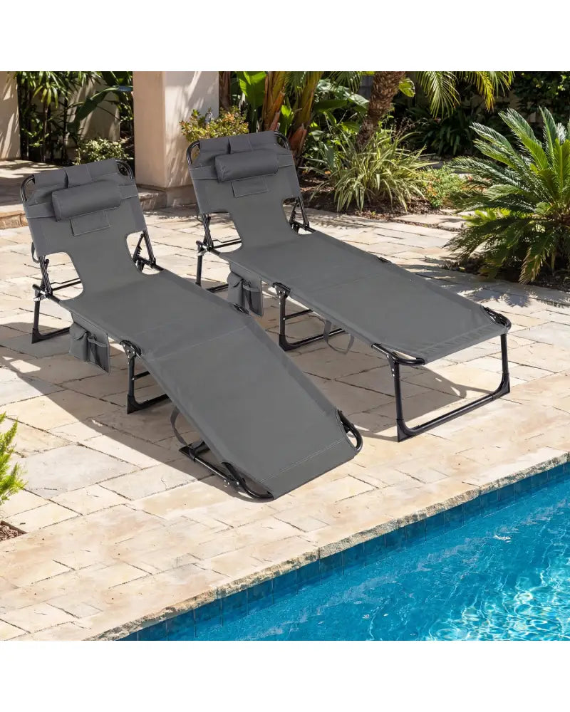 Set of 2 Tanning Chair Portable Chaise Lounge Chair with 4-Position Adjustable Backrest-Gray - Gray - Outdoor Chaise