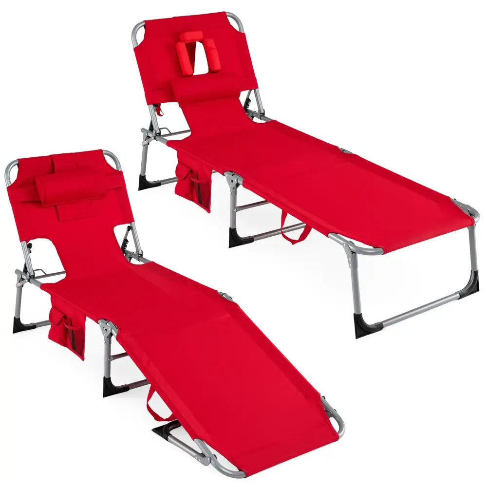 Set of 2 Tanning Chair Portable Chaise Lounge Chair with 4-Position Adjustable Backrest-Red - Red - Outdoor Chaise