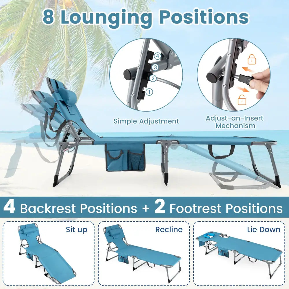 Set of 2 Tanning Chair Portable Chaise Lounge Chair with 4-Position Adjustable Backrest-Navy - Navy - Outdoor Chaise