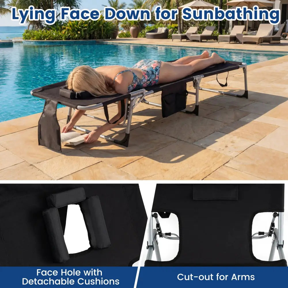 Set of 2 Tanning Chair Portable Chaise Lounge Chair with 4-Position Adjustable Backrest-Black - Black - Outdoor Chaise