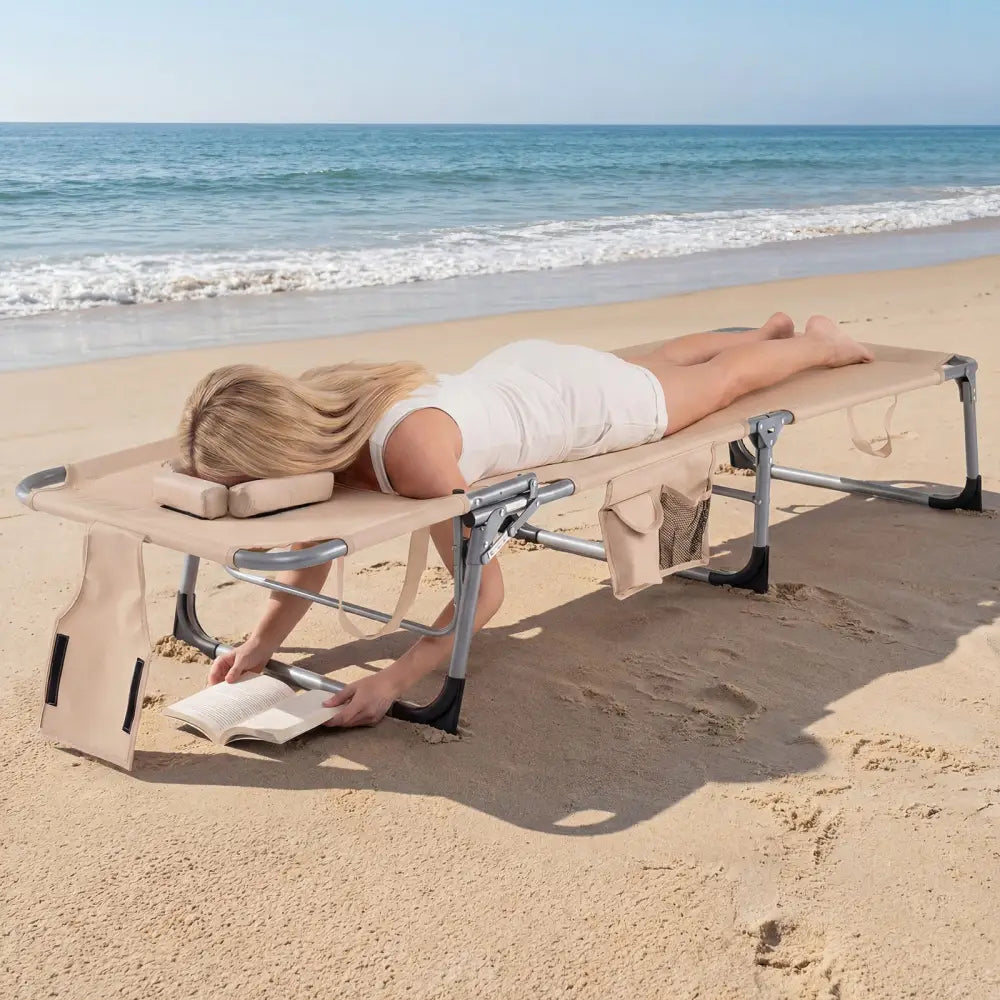 Set of 2 Tanning Chair Portable Chaise Lounge Chair with 4-Position Adjustable Backrest-Beige - Beige - Outdoor Chaise