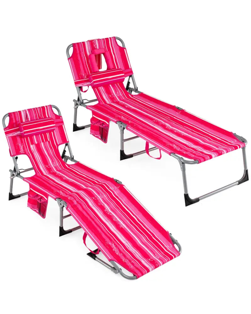 Set of 2 Tanning Chair Portable Chaise Lounge Chair with 4-Position Adjustable Backrest-Pink Stripe - Pink Stripe