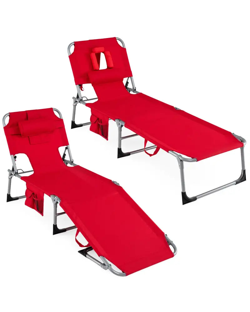 Set of 2 Tanning Chair Portable Chaise Lounge Chair with 4-Position Adjustable Backrest-Red - Red - Outdoor Chaise