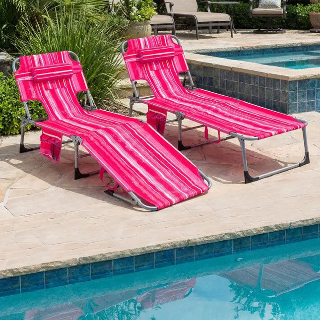 Set of 2 Tanning Chair Portable Chaise Lounge Chair with 4-Position Adjustable Backrest-Pink Stripe - Pink Stripe