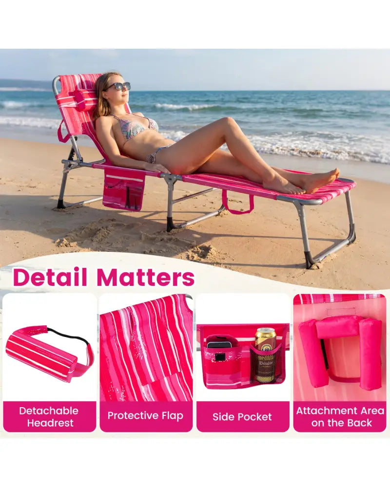 Set of 2 Tanning Chair Portable Chaise Lounge Chair with 4-Position Adjustable Backrest-Pink Stripe - Pink Stripe