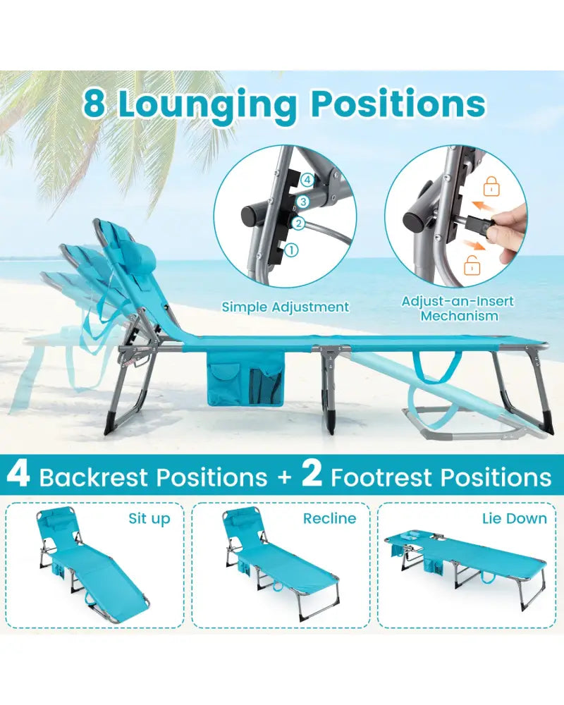 Set of 2 Tanning Chair Portable Chaise Lounge Chair with 4-Position Adjustable Backrest-Multicolor - Turquoise