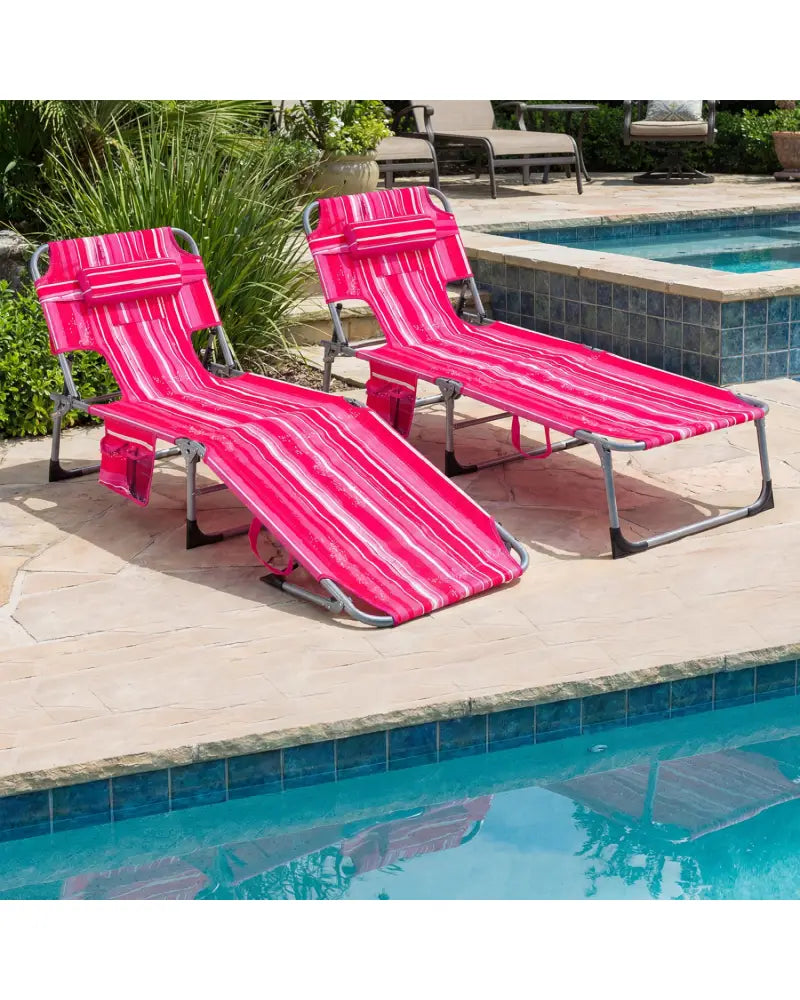 Set of 2 Tanning Chair Portable Chaise Lounge Chair with 4-Position Adjustable Backrest-Pink Stripe - Pink Stripe