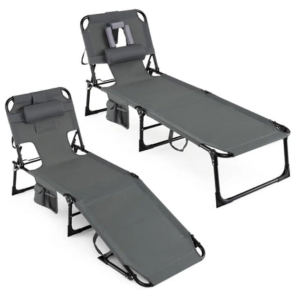 Set of 2 Tanning Chair Portable Chaise Lounge Chair with 4-Position Adjustable Backrest-Gray - Gray - Outdoor Chaise