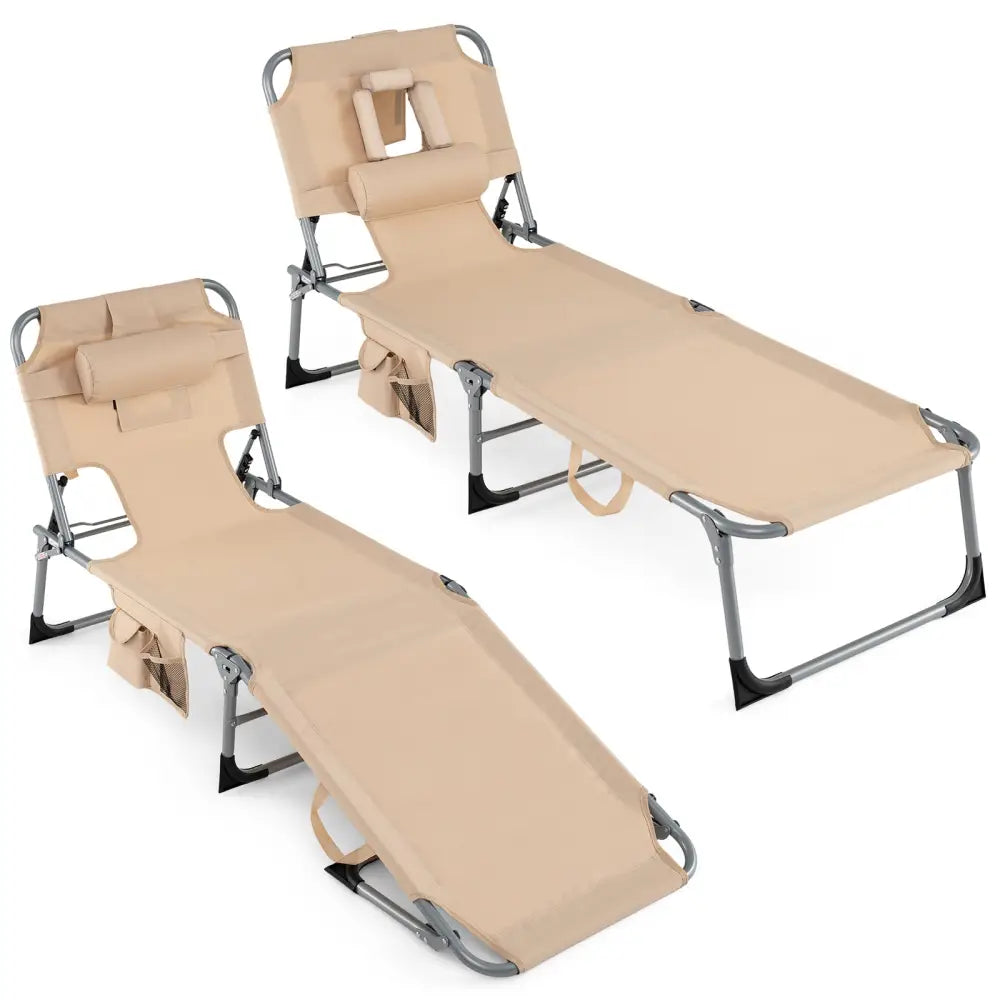 Set of 2 Tanning Chair Portable Chaise Lounge Chair with 4-Position Adjustable Backrest-Beige - Beige - Outdoor Chaise