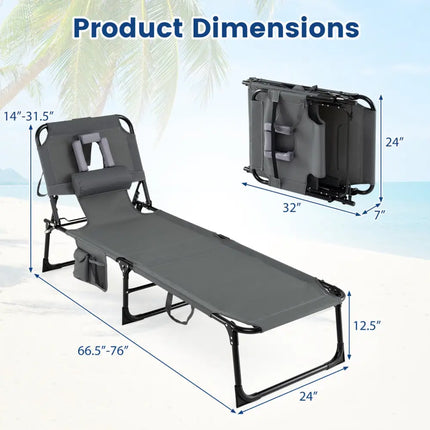 Set of 2 Tanning Chair Portable Chaise Lounge Chair with 4-Position Adjustable Backrest-Gray - Gray - Outdoor Chaise