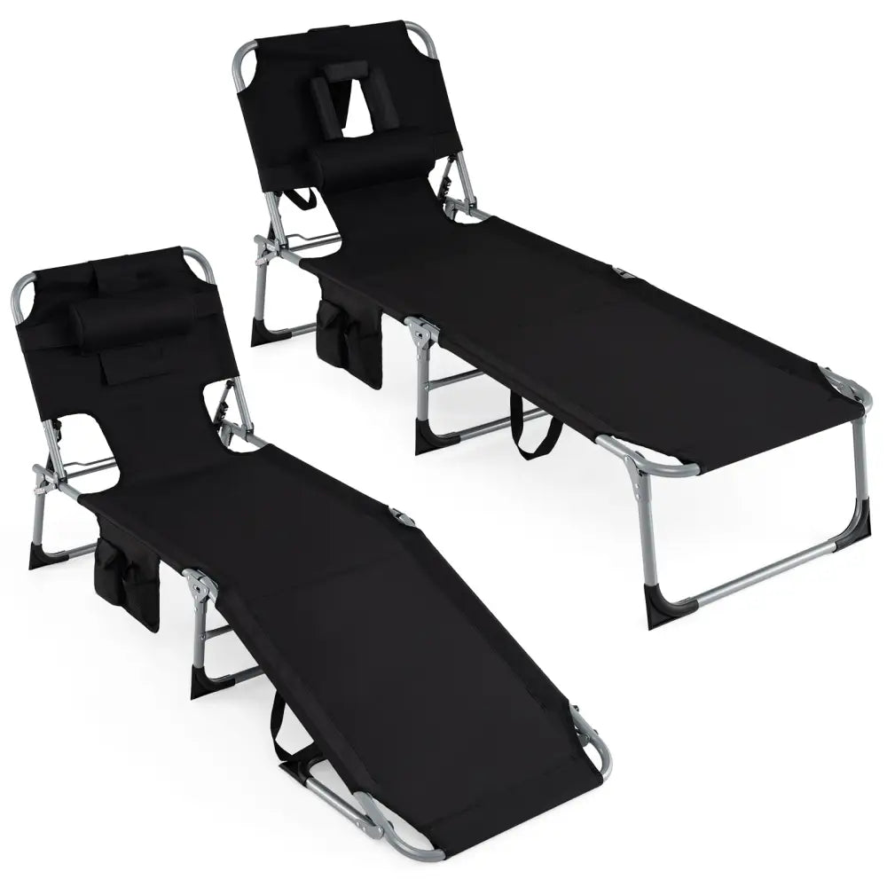 Set of 2 Tanning Chair Portable Chaise Lounge Chair with 4-Position Adjustable Backrest-Black - Black - Outdoor Chaise
