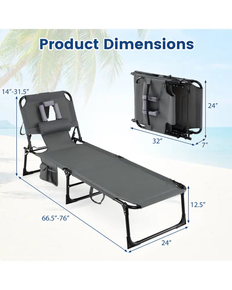 Set of 2 Tanning Chair Portable Chaise Lounge Chair with 4-Position Adjustable Backrest-Gray - Gray - Outdoor Chaise