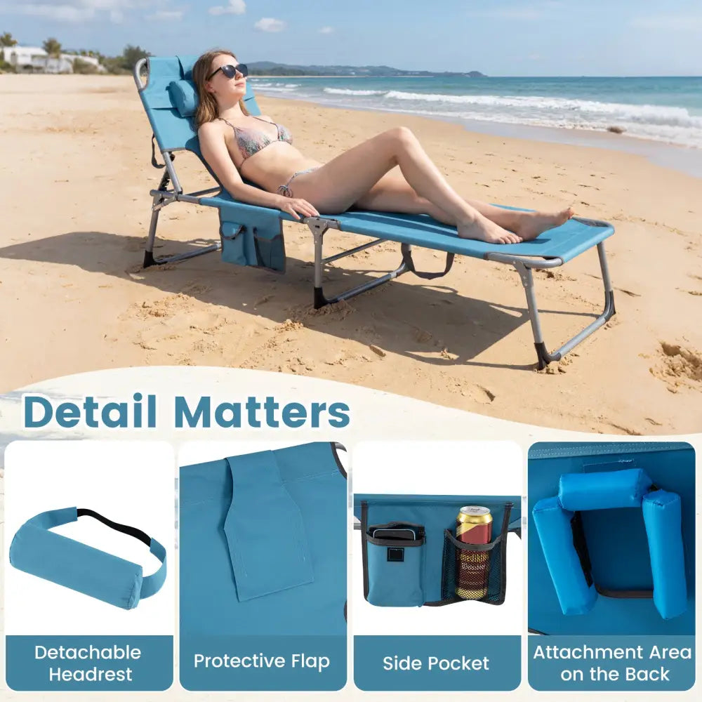 Set of 2 Tanning Chair Portable Chaise Lounge Chair with 4-Position Adjustable Backrest-Navy - Navy - Outdoor Chaise