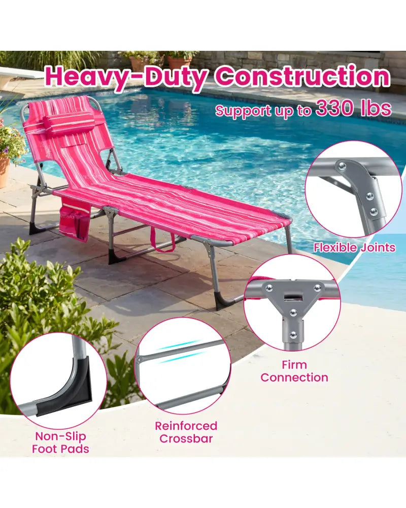 Set of 2 Tanning Chair Portable Chaise Lounge Chair with 4-Position Adjustable Backrest-Pink Stripe - Pink Stripe