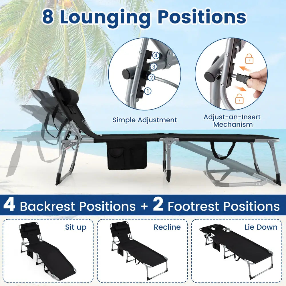 Set of 2 Tanning Chair Portable Chaise Lounge Chair with 4-Position Adjustable Backrest-Black - Black - Outdoor Chaise