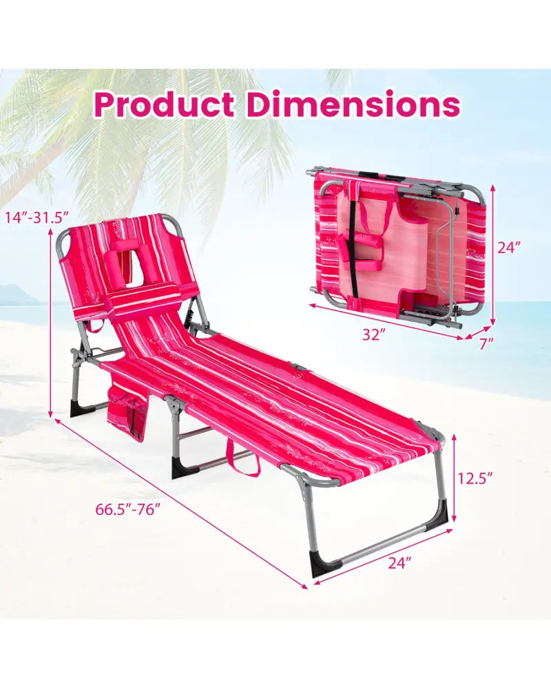 Set of 2 Tanning Chair Portable Chaise Lounge Chair with 4-Position Adjustable Backrest-Pink Stripe - Pink Stripe
