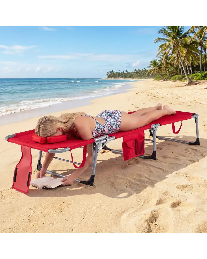 Set of 2 Tanning Chair Portable Chaise Lounge Chair with 4-Position Adjustable Backrest-Red - Red - Outdoor Chaise