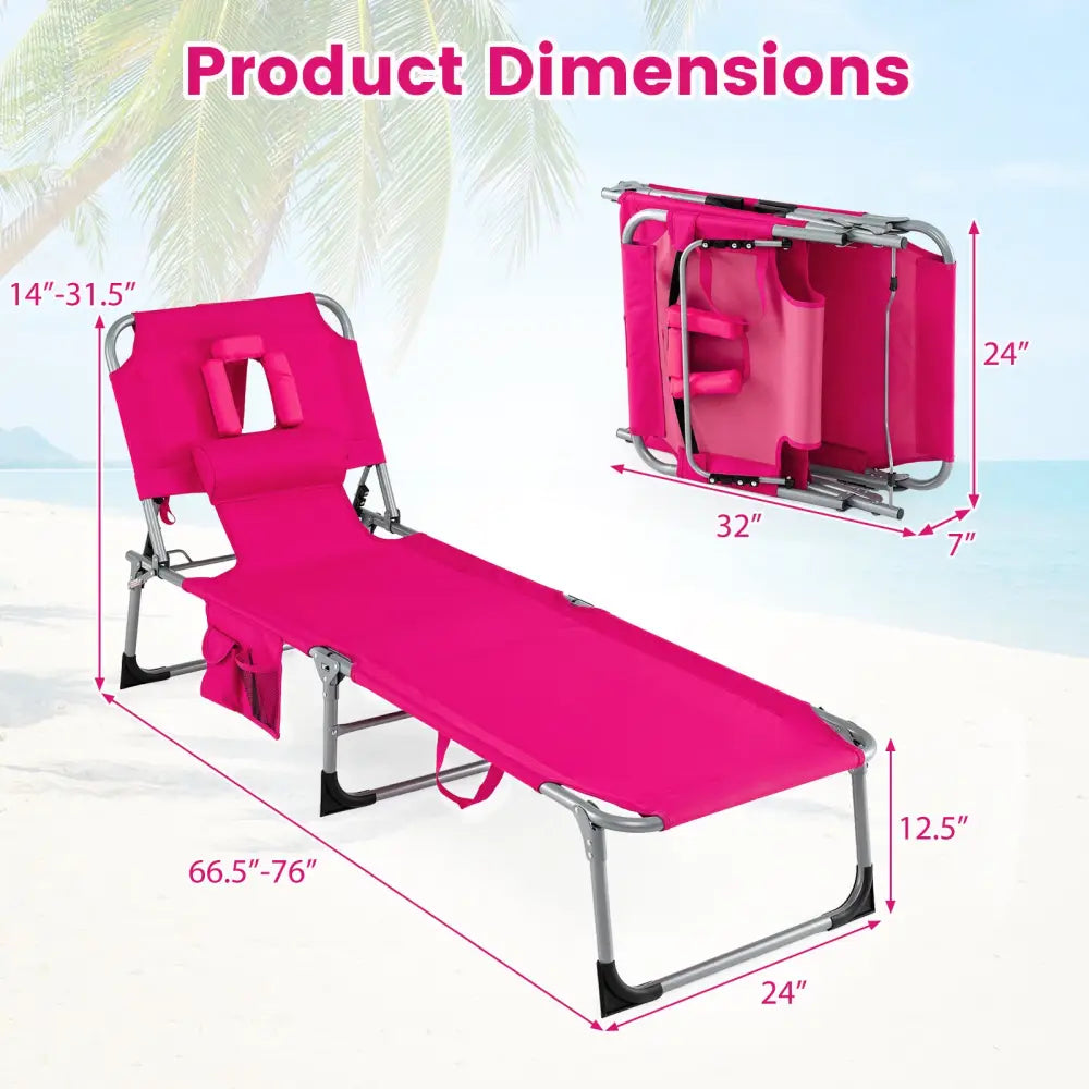 Set of 2 Tanning Chair Portable Chaise Lounge Chair with 4-Position Adjustable Backrest-Pink - Pink - Outdoor Chaise