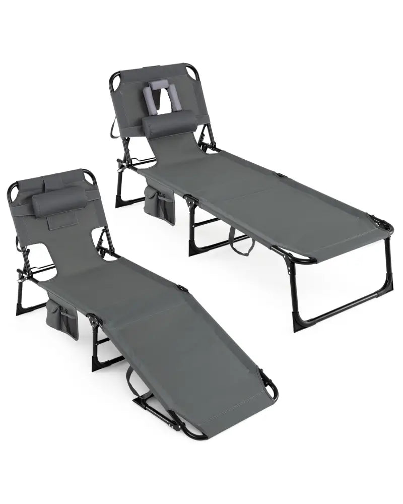 Set of 2 Tanning Chair Portable Chaise Lounge Chair with 4-Position Adjustable Backrest-Gray - Gray - Outdoor Chaise