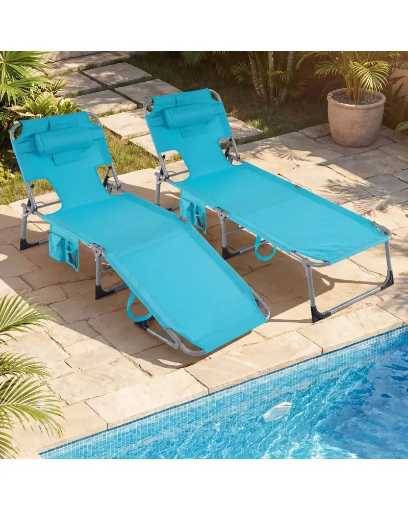Set of 2 Tanning Chair Portable Chaise Lounge Chair with 4-Position Adjustable Backrest-Multicolor - Turquoise