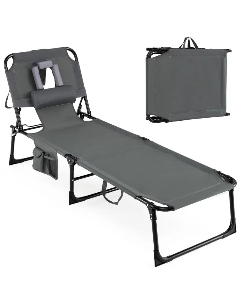 Set of 2 Tanning Chair Portable Chaise Lounge Chair with 4-Position Adjustable Backrest-Gray - Gray - Outdoor Chaise