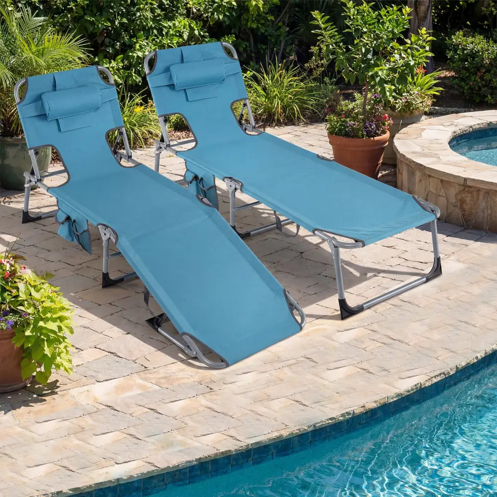 Set of 2 Tanning Chair Portable Chaise Lounge Chair with 4-Position Adjustable Backrest-Navy - Navy - Outdoor Chaise