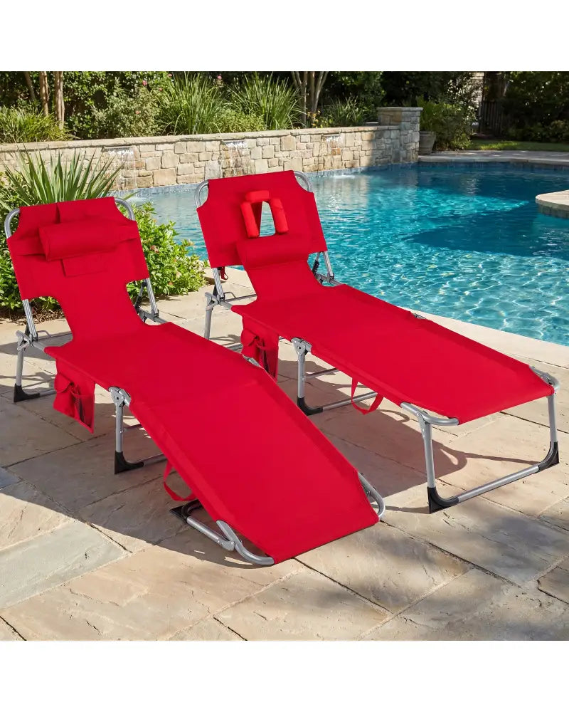 Set of 2 Tanning Chair Portable Chaise Lounge Chair with 4-Position Adjustable Backrest-Red - Red - Outdoor Chaise
