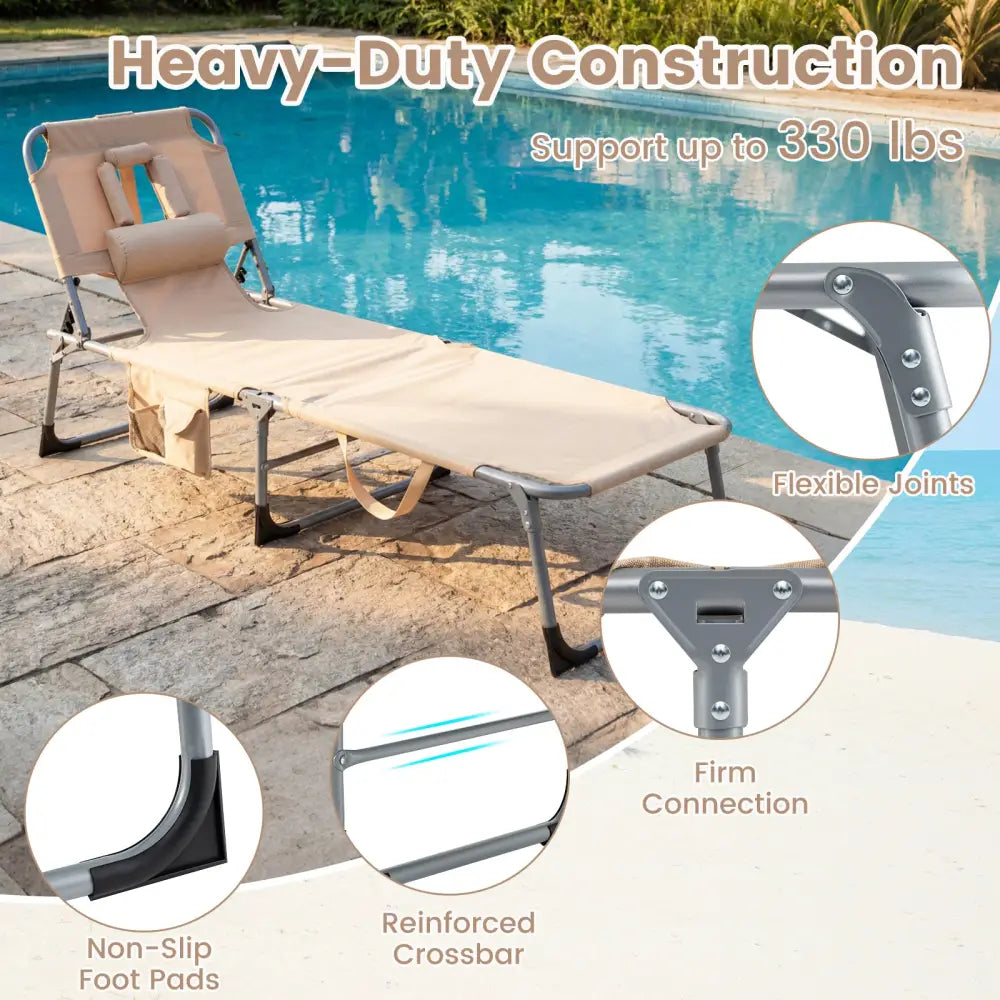 Set of 2 Tanning Chair Portable Chaise Lounge Chair with 4-Position Adjustable Backrest-Beige - Beige - Outdoor Chaise