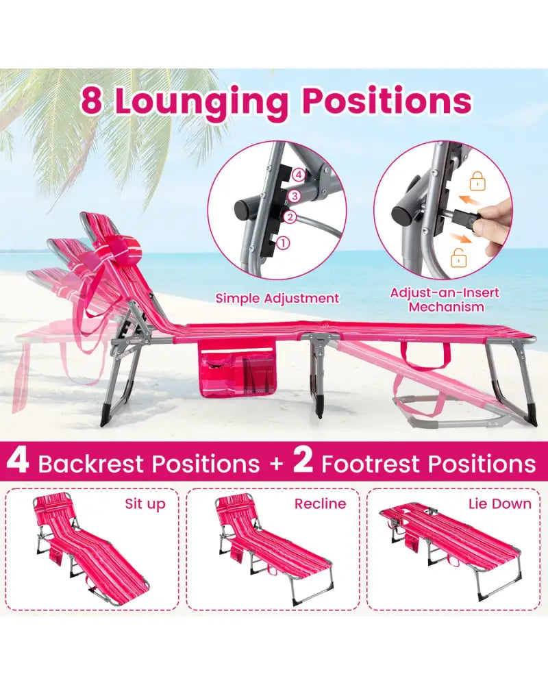 Set of 2 Tanning Chair Portable Chaise Lounge Chair with 4-Position Adjustable Backrest-Pink Stripe - Pink Stripe