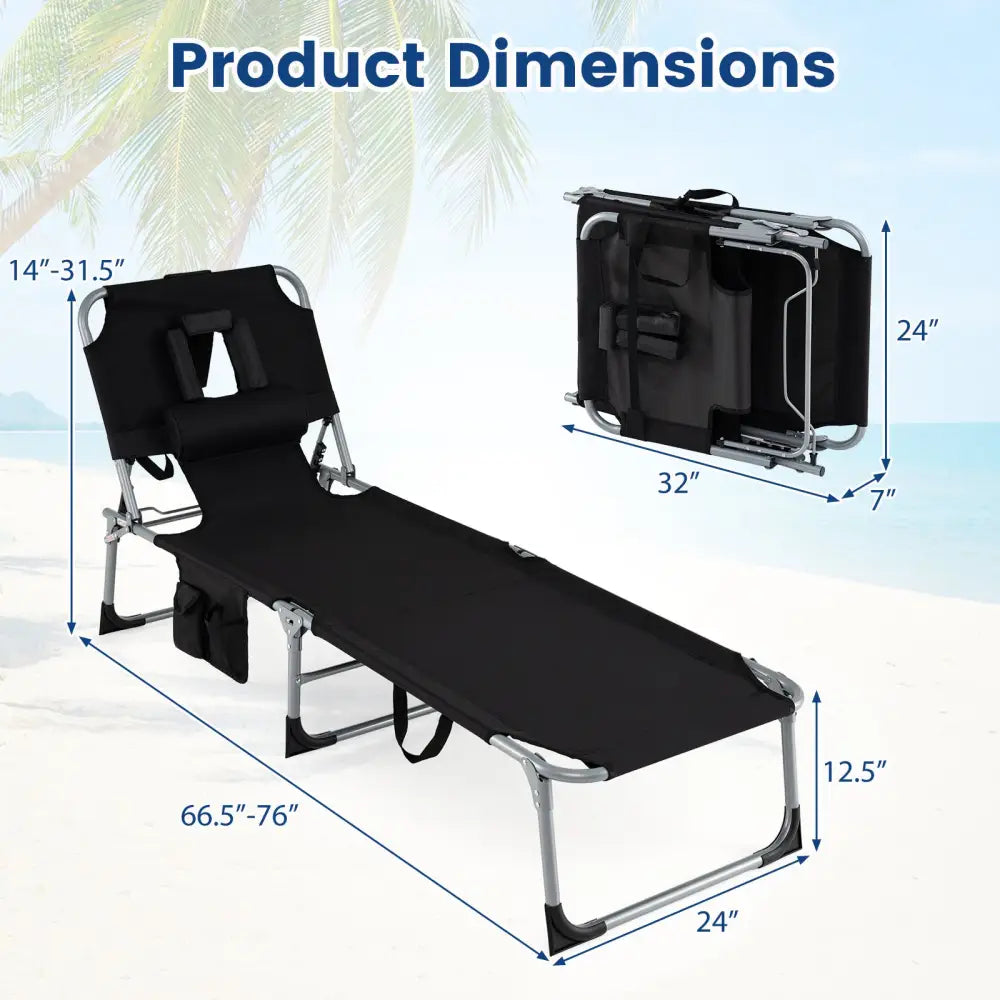 Set of 2 Tanning Chair Portable Chaise Lounge Chair with 4-Position Adjustable Backrest-Black - Black - Outdoor Chaise