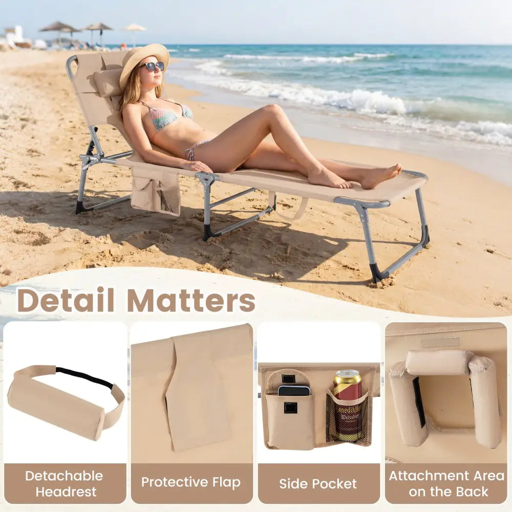 Set of 2 Tanning Chair Portable Chaise Lounge Chair with 4-Position Adjustable Backrest-Beige - Beige - Outdoor Chaise