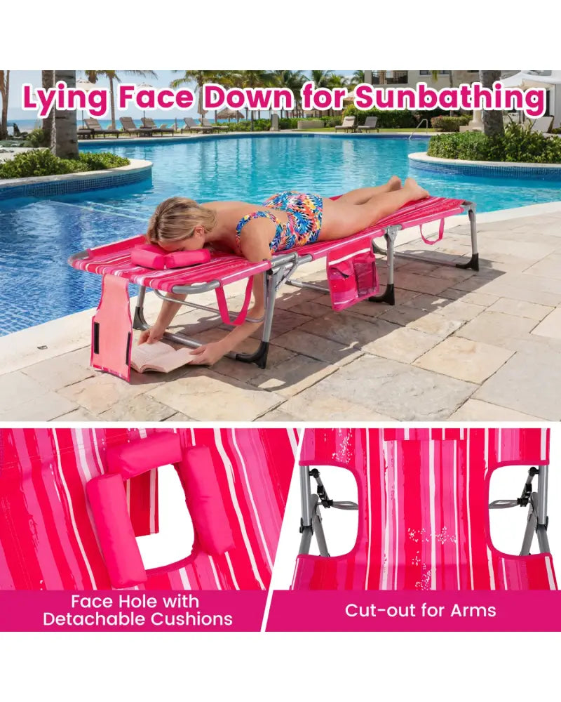 Set of 2 Tanning Chair Portable Chaise Lounge Chair with 4-Position Adjustable Backrest-Pink Stripe - Pink Stripe