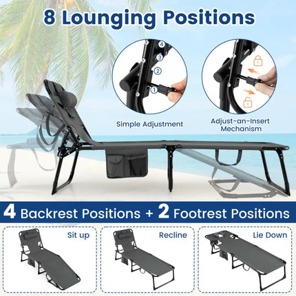 Set of 2 Tanning Chair Portable Chaise Lounge Chair with 4-Position Adjustable Backrest-Gray - Gray - Outdoor Chaise
