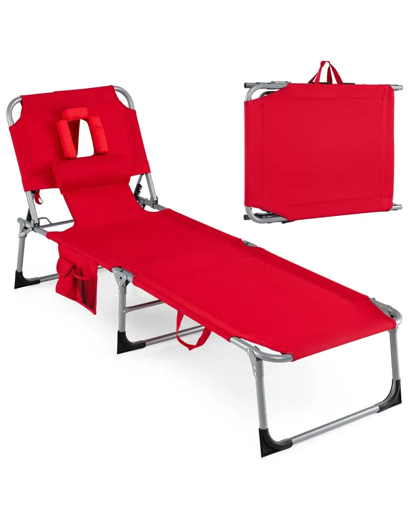 Set of 2 Tanning Chair Portable Chaise Lounge Chair with 4-Position Adjustable Backrest-Red - Red - Outdoor Chaise