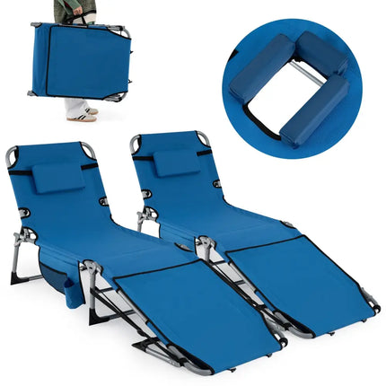 Set of 2 Tanning Chairs with Face Arm Holes Portable with 4-Level Backrest-Blue - Blue - Beach & Lawn Chairs