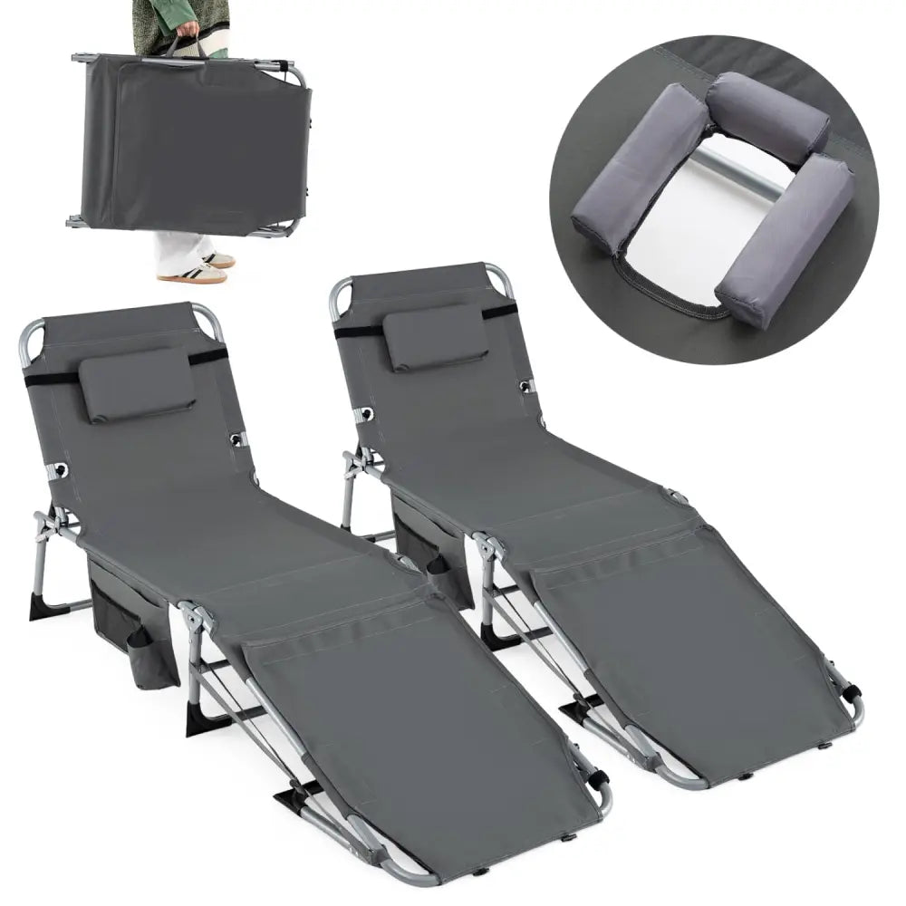 Set of 2 Tanning Chairs with Face Arm Holes Portable with 4-Level Backrest-Gray - Gray - Outdoor Chaise Lounges