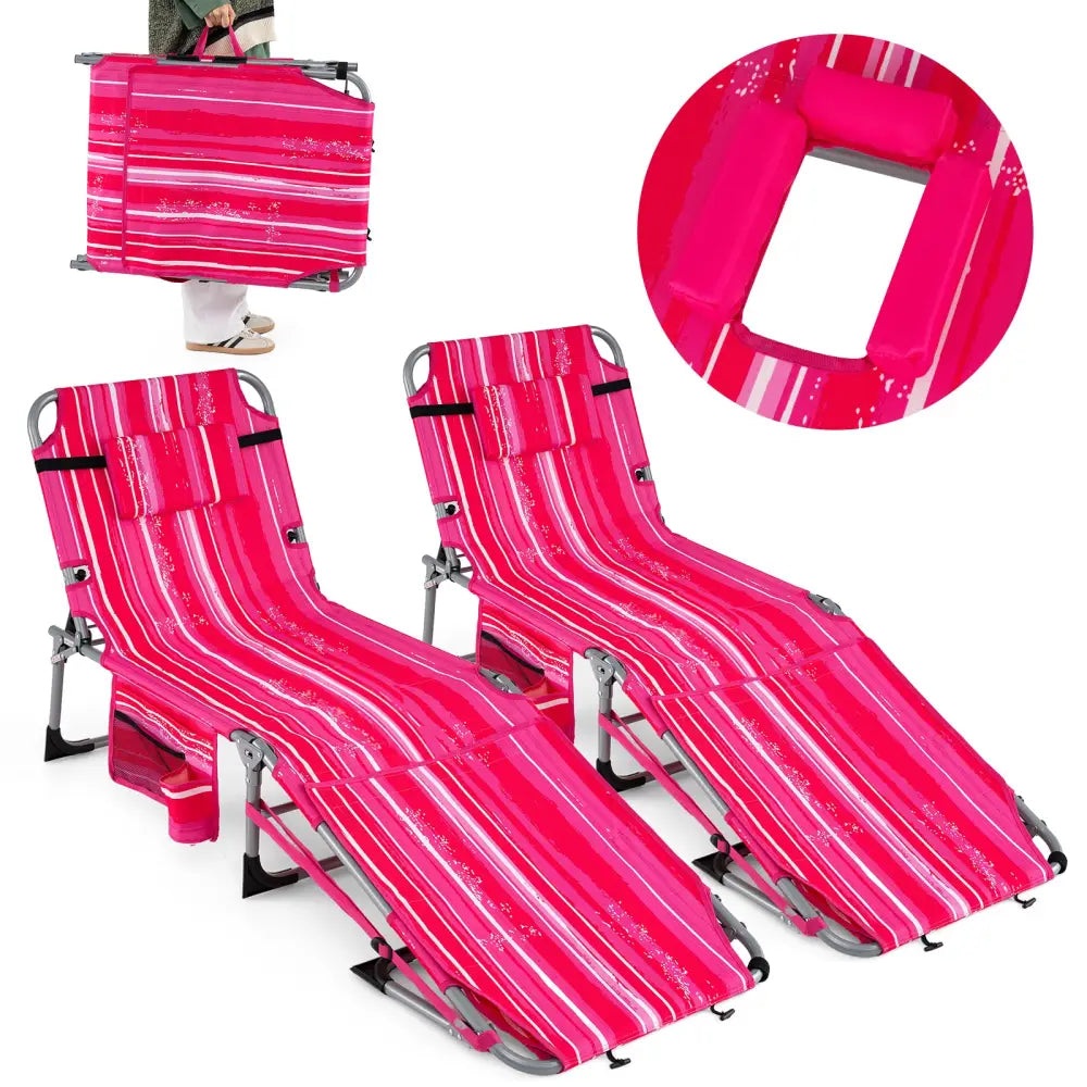 Set of 2 Tanning Chairs with Face Arm Holes Portable with 4-Level Backrest-Pink Strip - Pink Stripe - Outdoor Chaise