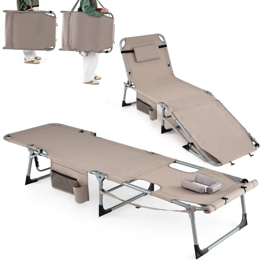 Set of 2 Tanning Chairs with Face Arm Holes Portable with 4-Level Backrest-Beige - Beige - Outdoor Chaise Lounges