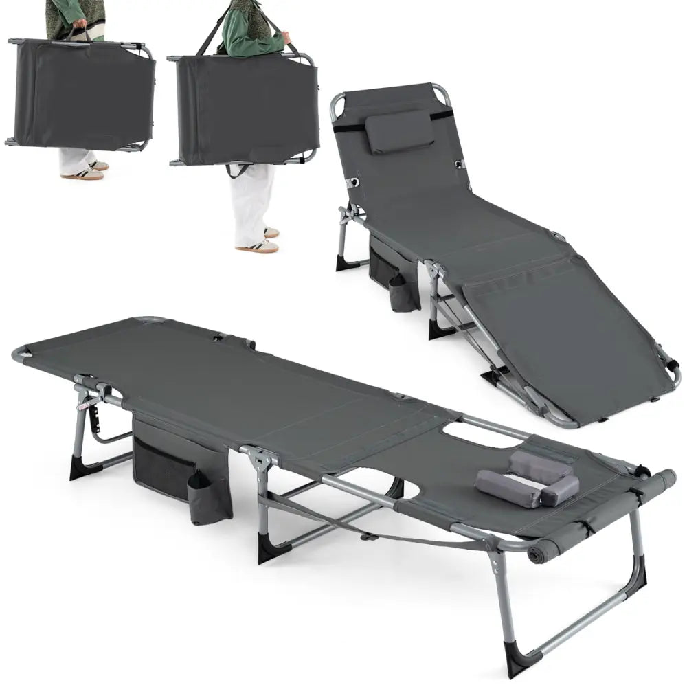 Set of 2 Tanning Chairs with Face Arm Holes Portable with 4-Level Backrest-Gray - Gray - Outdoor Chaise Lounges