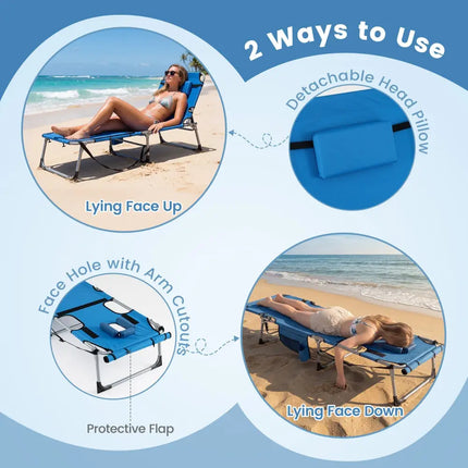 Set of 2 Tanning Chairs with Face Arm Holes Portable with 4-Level Backrest-Blue - Blue - Beach & Lawn Chairs