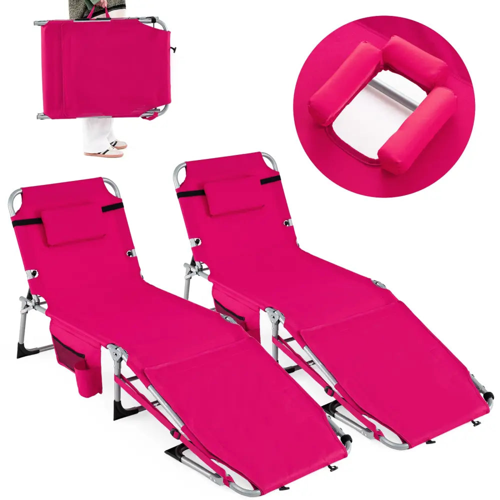 Set of 2 Tanning Chairs with Face Arm Holes Portable with 4-Level Backrest-Pink - Pink - Beach & Lawn Chairs