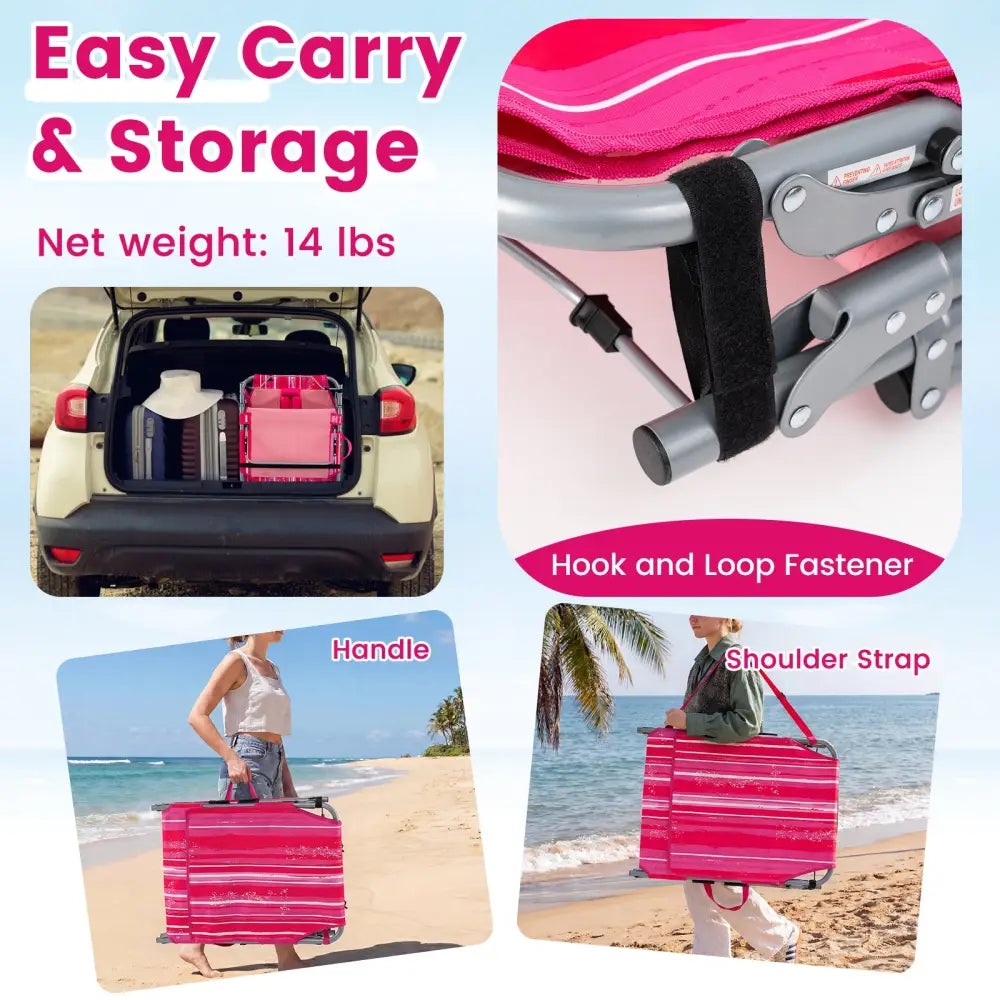 Set of 2 Tanning Chairs with Face Arm Holes Portable with 4-Level Backrest-Pink Strip - Pink Stripe - Outdoor Chaise