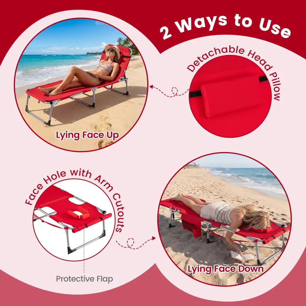 Set of 2 Tanning Chairs with Face Arm Holes Portable with 4-Level Backrest-Red - Red - Beach & Lawn Chairs